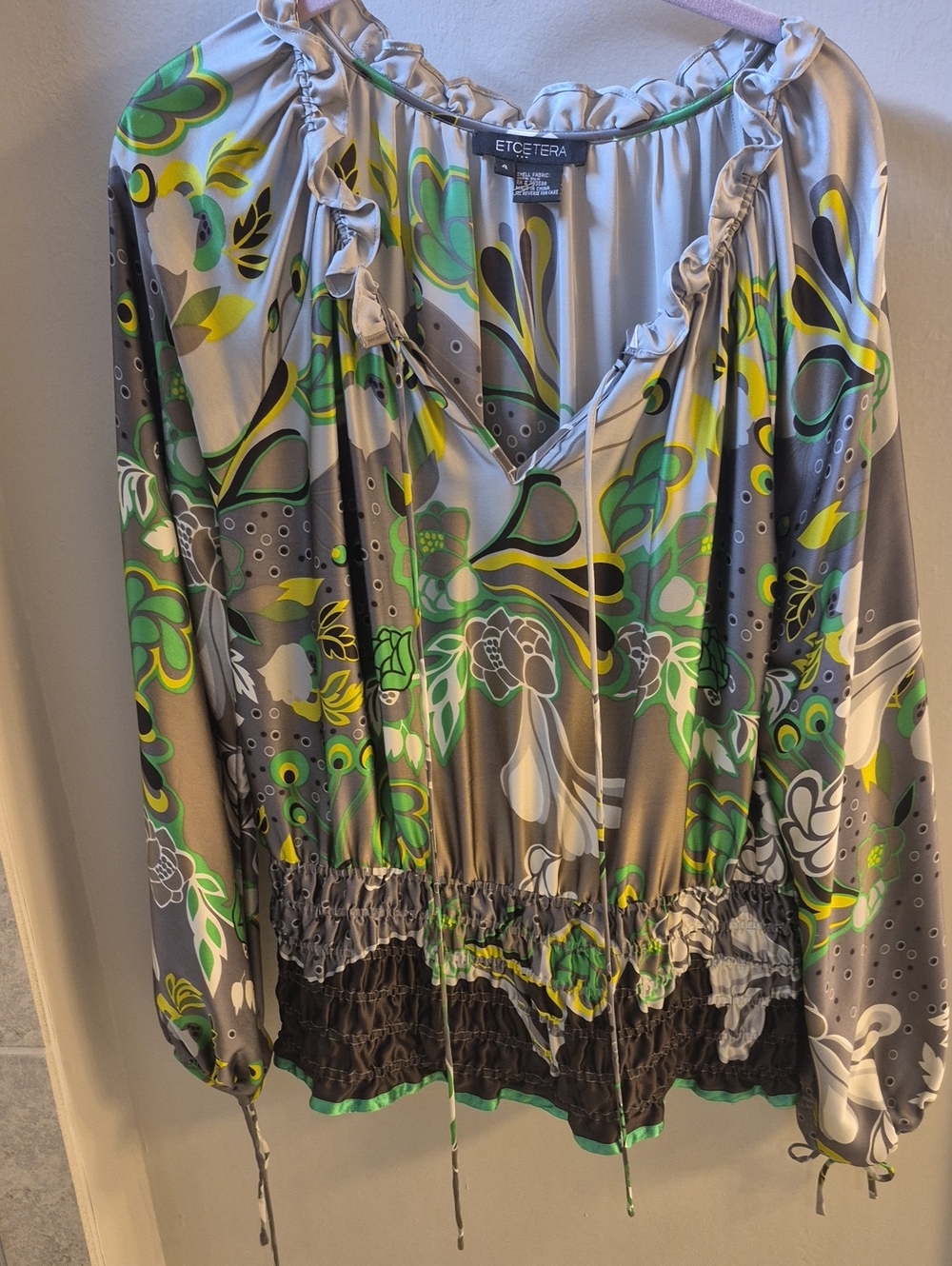 Etcetera Gray, Green & Yellow Floral Ruffle Blouse